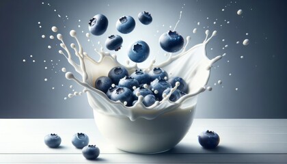 Create a commercial quality image of fresh blueberries being dropped into a splash of milk, capturing the moment mid-splash. - obrazy, fototapety, plakaty