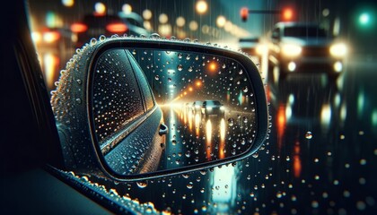 An image showcasing a close-up of a car's side mirror during a rainstorm. - obrazy, fototapety, plakaty