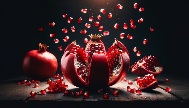 Craft a visually striking commercial shot of a pomegranate being opened, with seeds scattering outward.