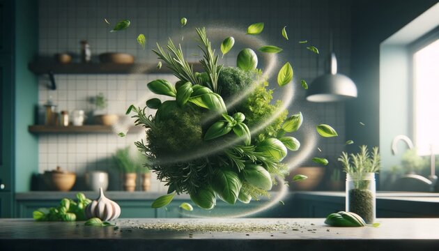 Visualize a high-resolution commercial photograph of fresh herbs like rosemary, basil, and mint captured in a whirl.