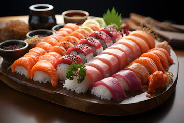 Sushi set on black background. Sushi rolls with salmon, tuna, shrimp, avocado, cucumber, wasabi and ginger. Sushi menu. Japanese food