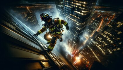 Create an image of a dramatic scene of a firefighter descending a skyscraper during a rescue mission at night.