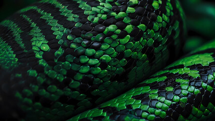 Skin texture of green snake. Top view, animals and nature
