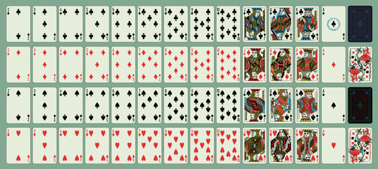 Classic playing cards (poker, bridge), full deck. Printable, vector and editable. Portraits of the King, Queen, Jack and Joker spades, hearts, diamonds, clubs suits.
