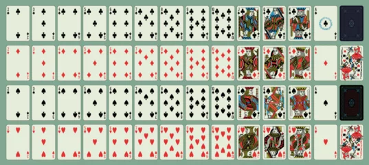 Muurstickers Classic playing cards (poker, bridge), full deck. Printable, vector and editable. Portraits of the King, Queen, Jack and Joker spades, hearts, diamonds, clubs suits. © Oleksandr