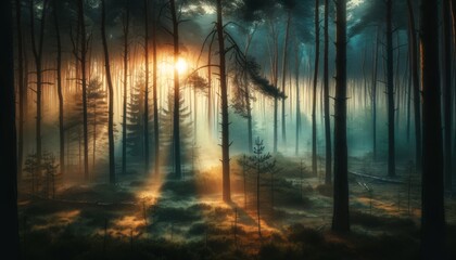 A serene morning in a dense pine forest with mist weaving through the trees as the first light of dawn breaks the horizon.