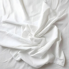 Close-up of rippled white silk fabric, wrinkled bedding sheet.