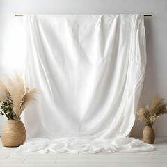 Bed sheet hanging homemade mock up of photography props design with vase placed.