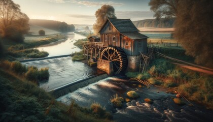 An old water mill situated on the bank of the meandering river, capturing a blend of natural beauty and historical charm. - obrazy, fototapety, plakaty