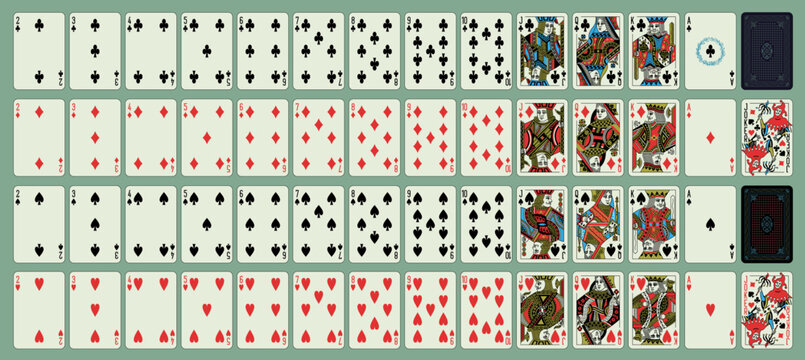 Classic playing cards (poker, bridge), full deck. Printable, vector and editable. Portraits of the King, Queen, Jack and Joker spades, hearts, diamonds, clubs suits.