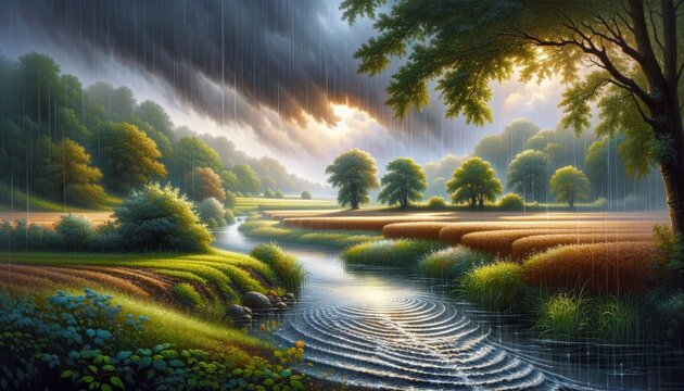 A peaceful scene depicting a gentle rain over the same river and fields.