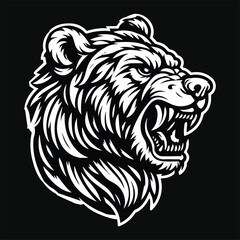 Dark Art Angry Beast Wild Bear Head Black and White Illustration