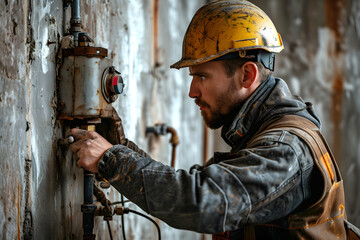 portrait of an electrician. male worker in a protective helmet and overalls works in production. industrial industry - 767591300
