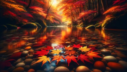 A group of colorful autumn leaves floating down a gentle stream.