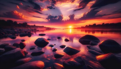 A sunset reflecting on a river's surface, with silhouetted rocks creating a peaceful scene.