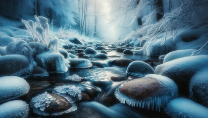 A frost-covered creek in a winter landscape, with delicate icicles hanging from the rocks surrounding the creek.