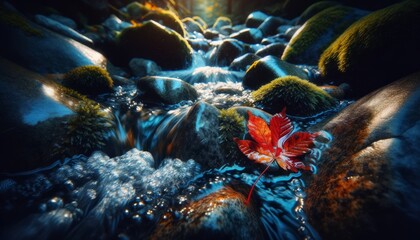 A close-up of a colorful autumn leaf caught between rocks in a bubbling brook.