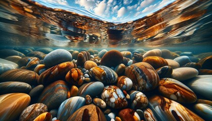 A close-up of river stones under the clear flowing water, showing the intricate details and colors magnified by the water. - obrazy, fototapety, plakaty