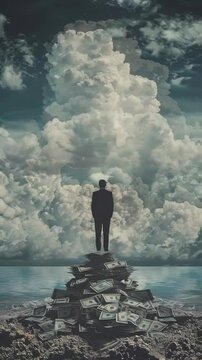worker rich illustration a man with suit standing on a lot of money near a pond with a background of loop animation cloudy sky greedy theme