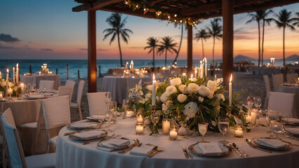 Decorated table wedding reception at beach resort. - obrazy, fototapety, plakaty