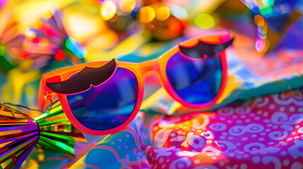 A pair of novelty sunglasses with attached eyebrows and nose, resting on a colorful April Fools' Day.