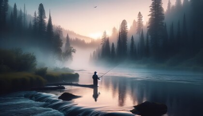 A serene early morning scene where a lone fisherman stands in a gently flowing river with a backdrop of a dense forest in early morning fog.