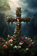 A stunning 3d rendering of a religious cross surrounded by lush green vegetation