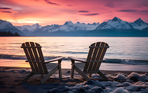 two wooden chairs for relaxing on the shore of a mountain lake against the backdrop of sunset