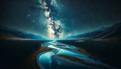 A starry night sky over a meandering river in a remote wilderness area, with the Milky Way clearly visible above. - obrazy, fototapety, plakaty