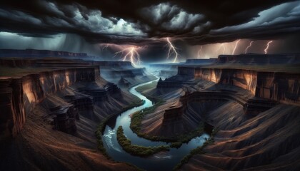 A dramatic thunderstorm over a rugged canyon with the river reflecting the dark, moody skies.