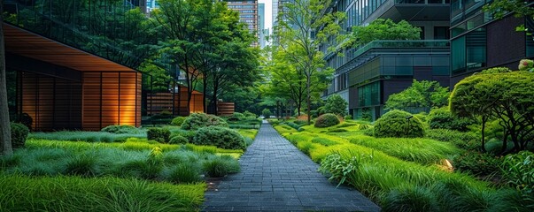 A walkway in a park with trees and bushes
