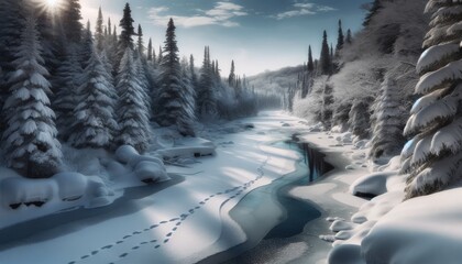 A snowy landscape with a partially frozen river at the center, flanked by snow-laden trees and the traces of wild animals' footprints visible in the s. - obrazy, fototapety, plakaty