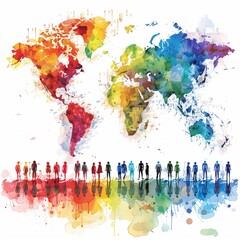 A colorful world map with people in the background
