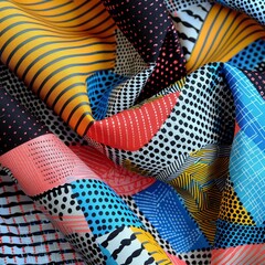 A vibrant array of patterned silk neckties showcasing various designs and colors in a close-up view. - obrazy, fototapety, plakaty