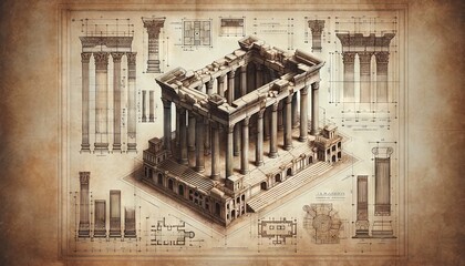 A detailed, vintage-style architectural blueprint of the Temple of Artemis, showcasing its grandeur and complexity.