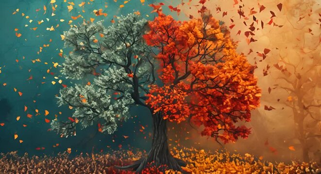 Colorful autumn leaves surrounding a stark, bare tree, depicting change
