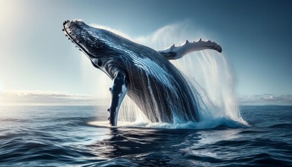 Fototapeta premium A medium shot of a humpback whale breaching the ocean's surface, capturing the motion and power of this marine giant.