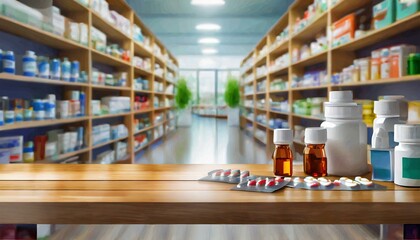Pharmacy wood table counter with medicines healthcare product arranged on shelves in drugstore blurred defocused background, Ai Generate - obrazy, fototapety, plakaty