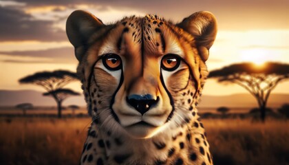 A close-up of a cheetah's face, focusing on the intense eyes and spotted fur, set against the backdrop of the African savannah. - obrazy, fototapety, plakaty