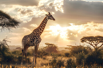 giraffe in the African savanna in the sunlight. mammals and wildlife - obrazy, fototapety, plakaty