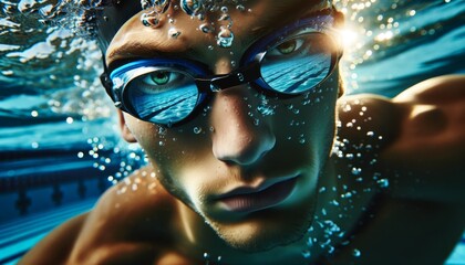 A close-up image of a swimmer’s face and goggles as they emerge from underwater.