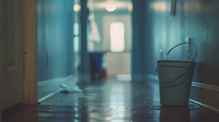 A bucket of water ready for an April Fools' prank. - obrazy, fototapety, plakaty