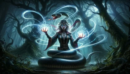 Foto auf Acrylglas A serpent-tailed sorceress stands in the heart of a dark, enchanted forest. © FantasyLand86