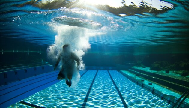 An image capturing a swimmer diving into clear blue water from the poolside.