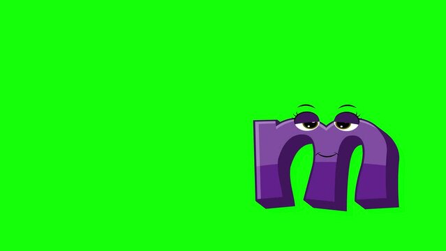 Cartoon style letter m 2d animation with green screen background, m alphabet dancing letters for little kids