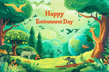 A bright and colorful "Happy World Environment Day" card, featuring vector illustrations of the Earth, trees, and wildlife on a vibrant green background, symbolizing growth and harmony
