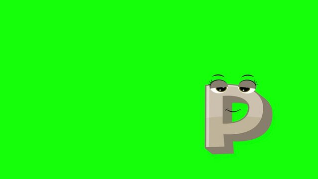 Cartoon style letter p 2d animation with green screen background, p alphabet dancing letters for little kids
