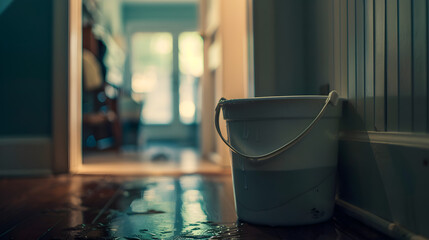 A bucket of water ready for an April Fools' prank. - obrazy, fototapety, plakaty