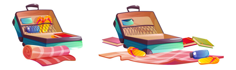 Open suitcase with summer travel and beach vacation female clothes and accessories carefully folded and stacked inside, and spread out near bag. Cartoon vector set of before and after view on luggage. - obrazy, fototapety, plakaty