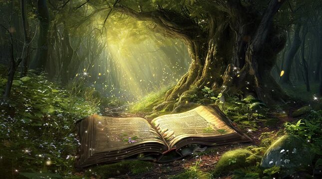 Enchanted book surrounded by the ethereal glow of the magical forest
  Seamless looping 4k time-lapse virtual video animation background. Generated AI